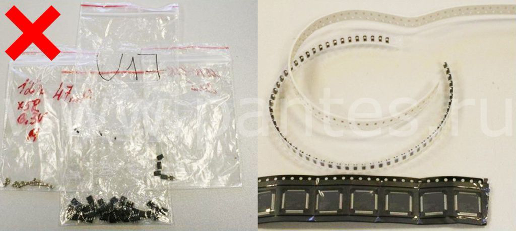 Электронные компоненты в виде россыпи и обрезков ленты Электронные компоненты в виде россыпи и обрезков ленты